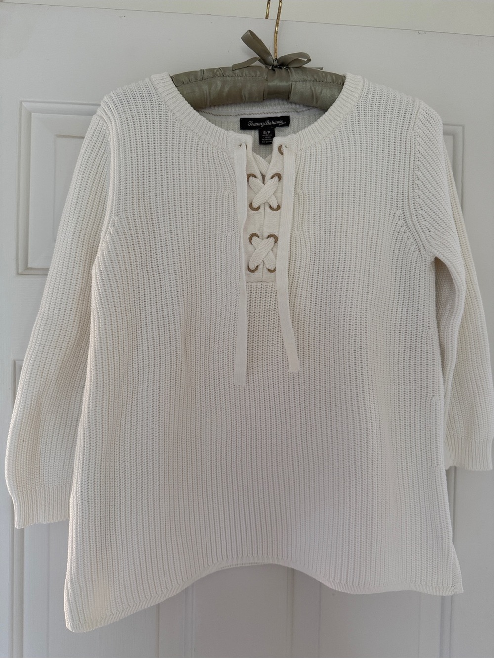 Tommy Bahama Off White Lace-Up Ribbed Knit Women’s Crew Sweater - Size S/P